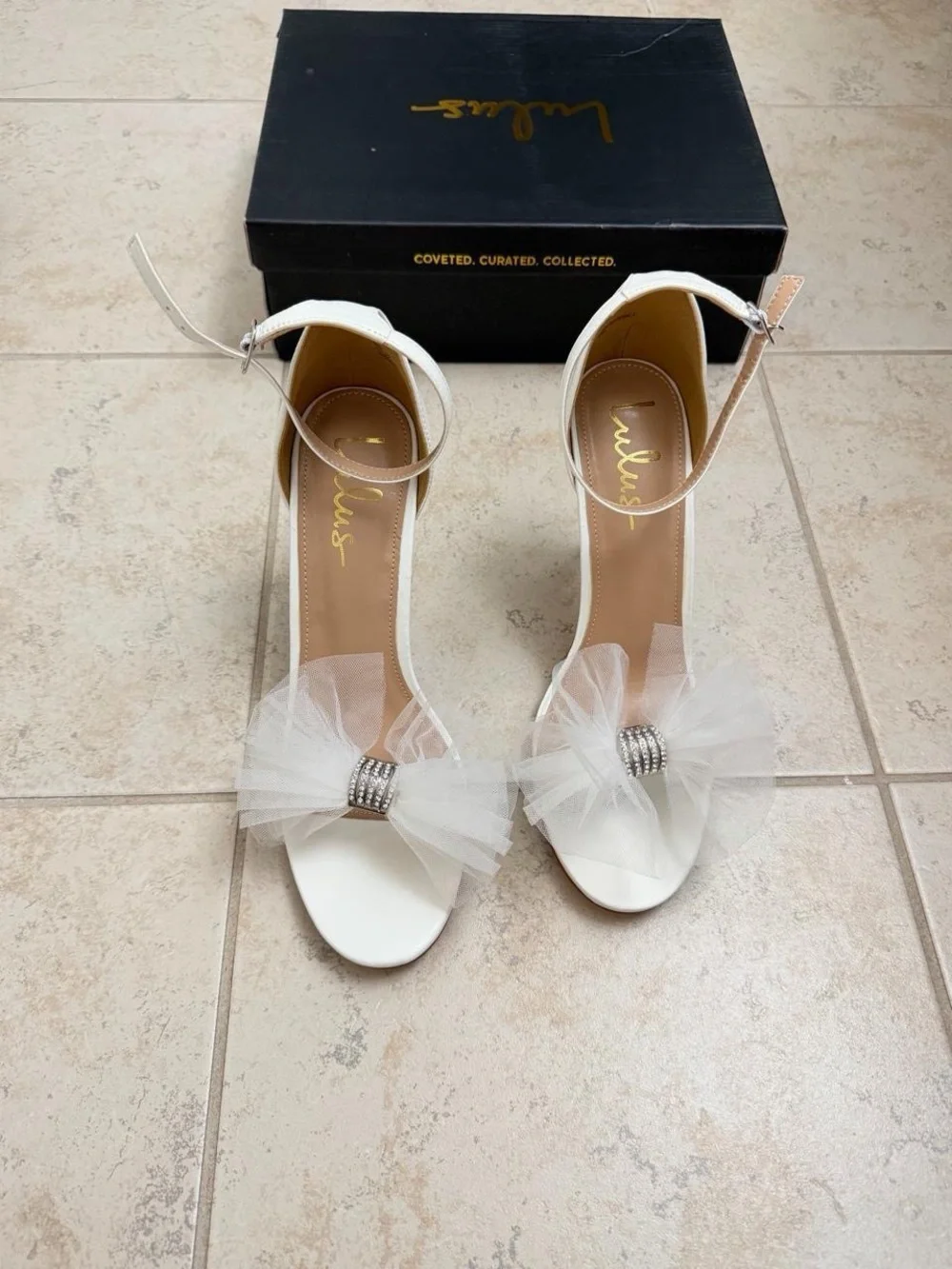 Lulu's White Tulle Flower Ankle-Strap Stiletto Heels